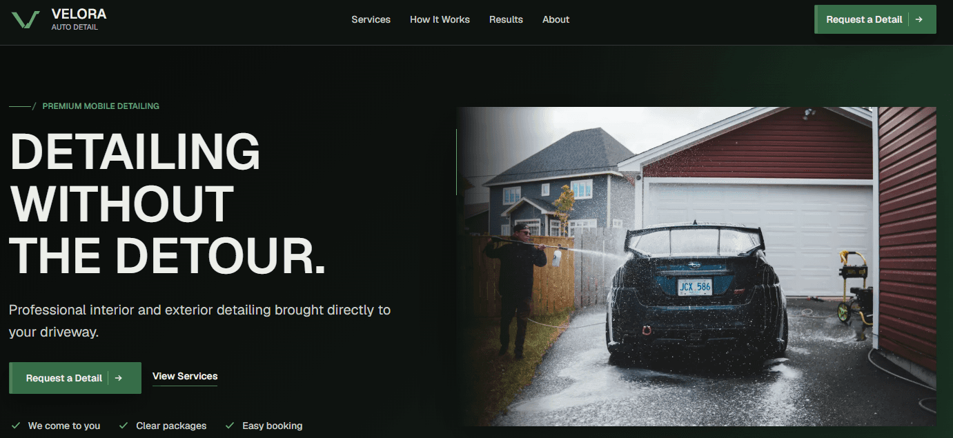 Velora Auto Detail desktop homepage with a detailing headline, request buttons, and a car being washed