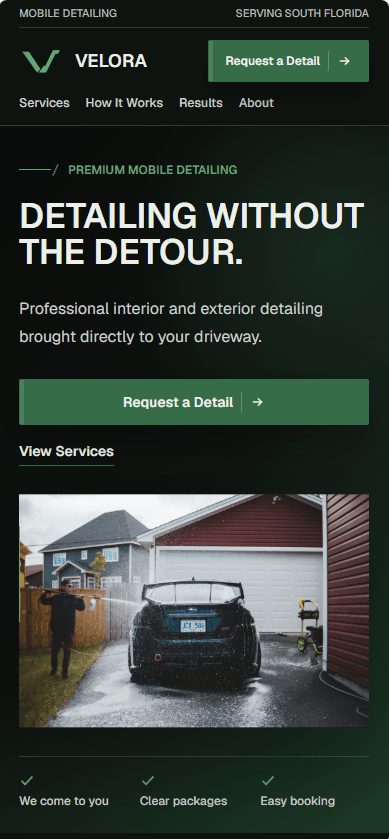 Mobile Velora Auto Detail homepage with stacked navigation, a request button, and the service photograph
