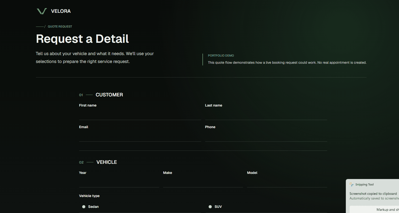 Velora quote request interface showing customer and vehicle information sections in a guided service request form