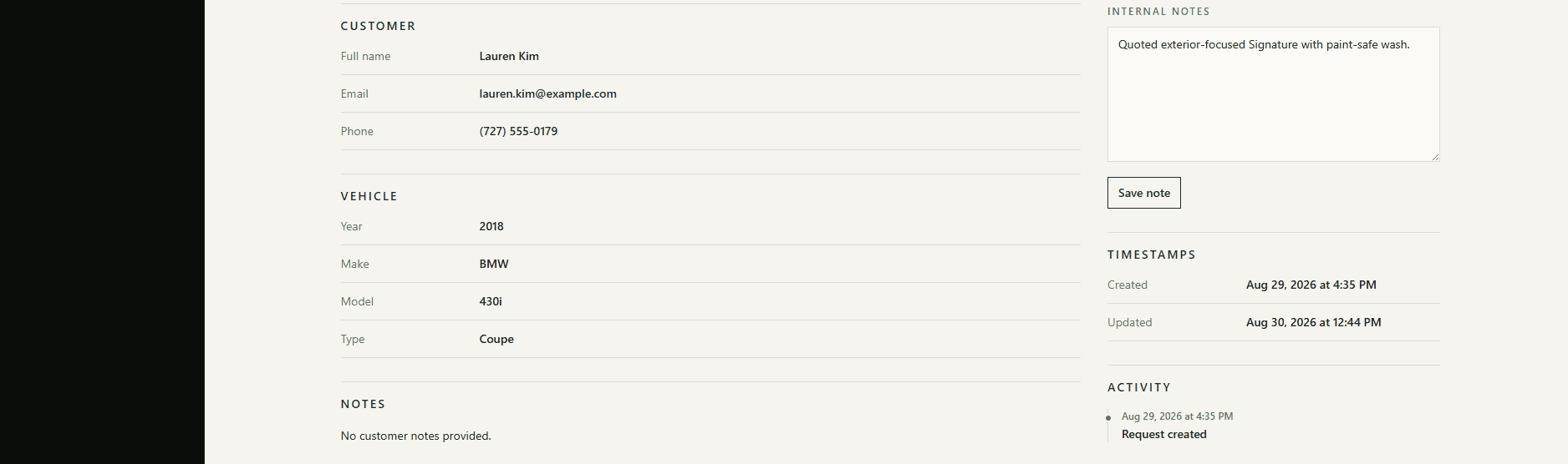 Velora Manager request activity area showing customer context, internal notes, timestamps, and recorded request history