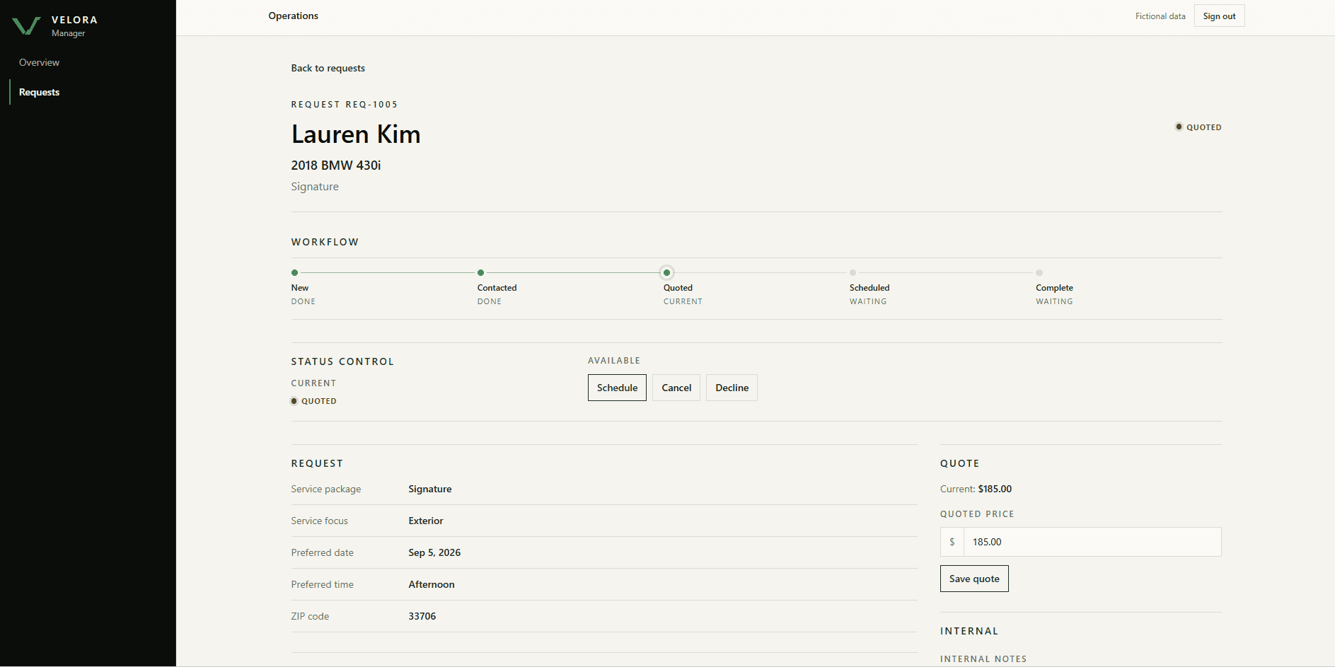 Velora Manager request detail showing a workflow timeline, status controls, customer request data, and quote editing